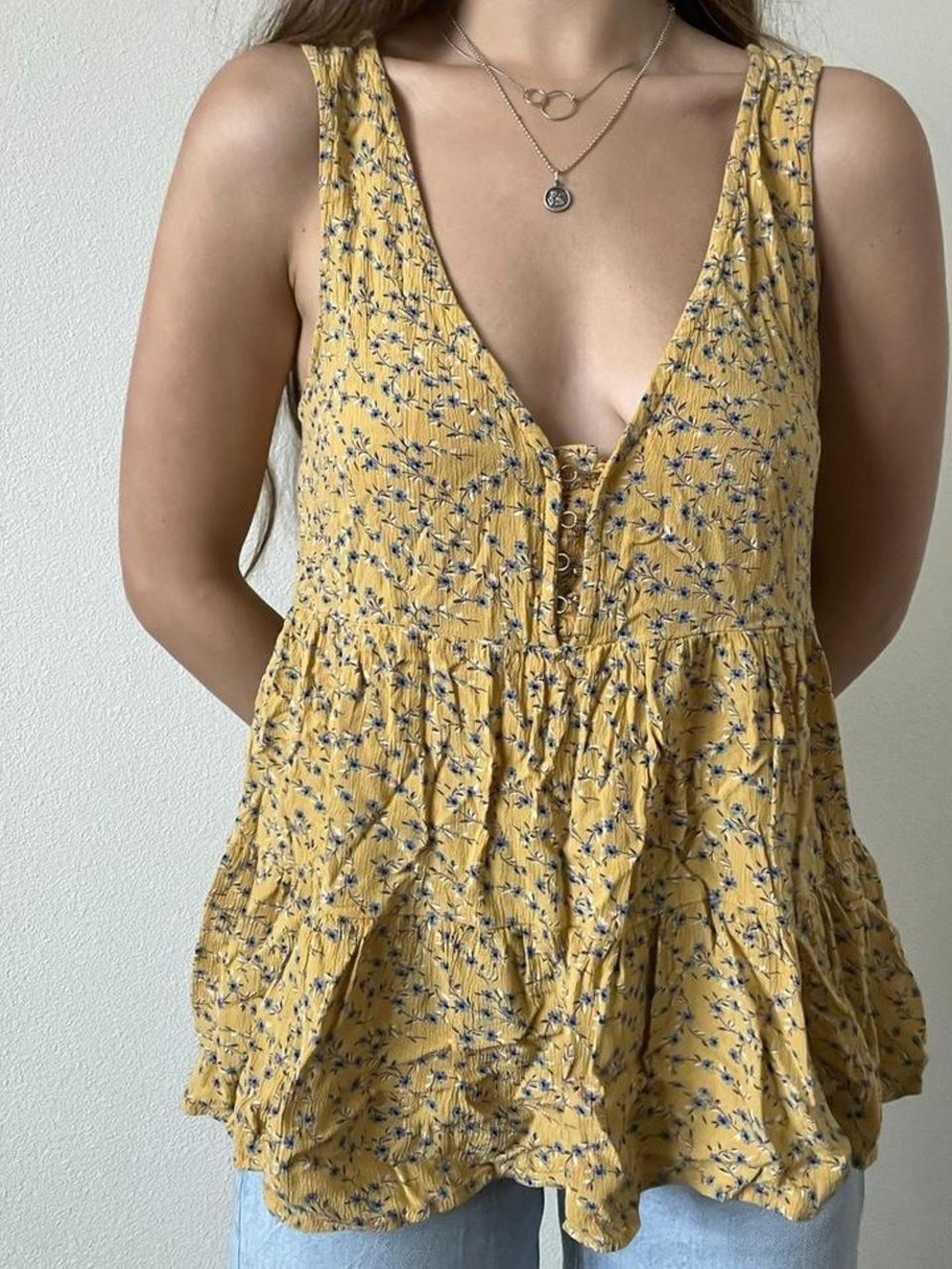 American Eagle Outfitters Yellow Floral V-Neck Babydoll Tank